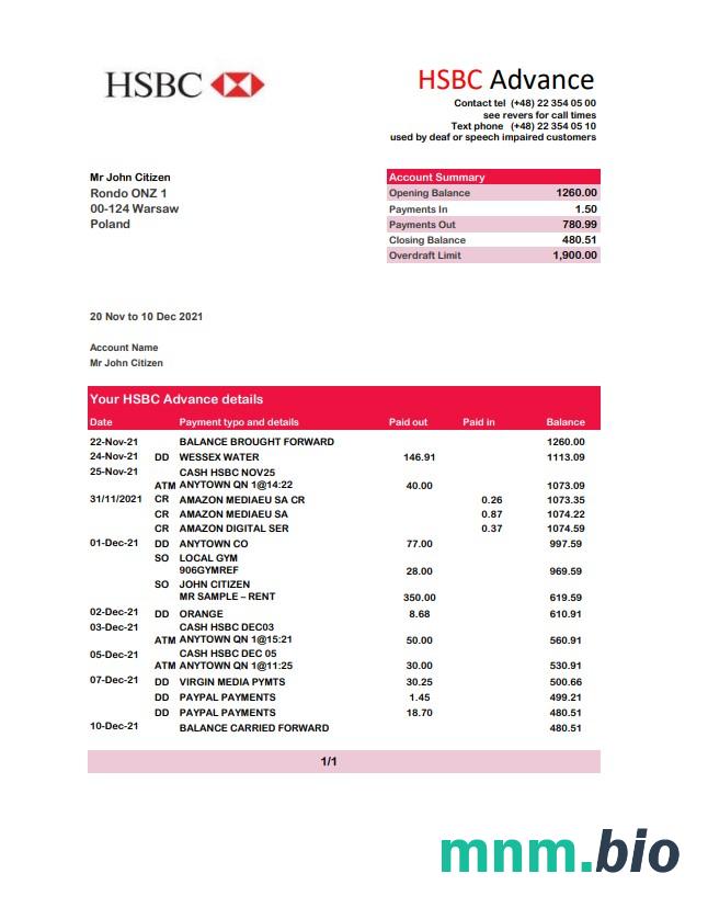 Poland HSBC wzór wyciągu bankowego w formacie Word i PDF